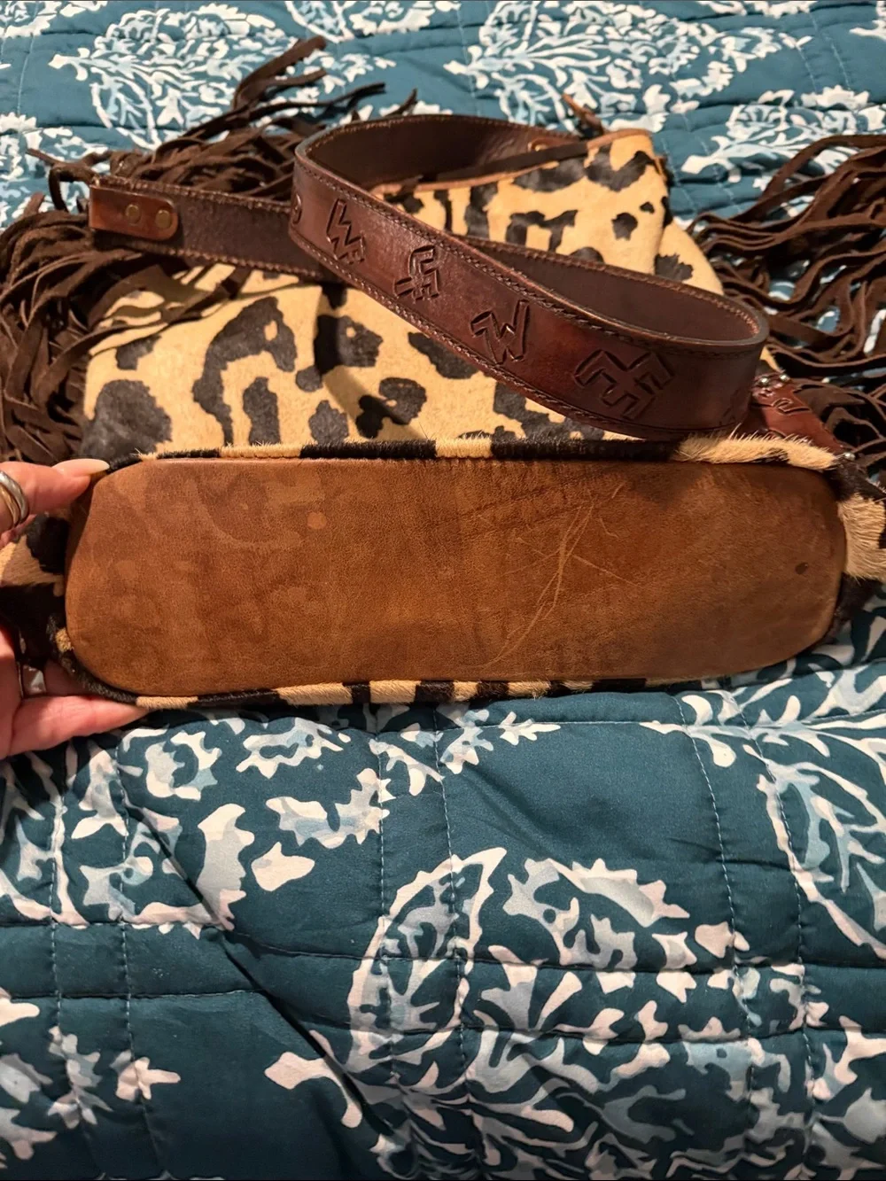 Leopard Print Fringe Leather Shoulder Bag - Brown